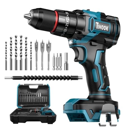 Image of TIHOOK Cordless Power Drill Set for Makita 18V Battery, 90N.m Max Brushless Motor Electric Screwdriver, 25+3 Torque, 3/8" Chuck, 2 Speed, LED Light, 16Pcs Combi Hammer Drill with Case (NO Battery)