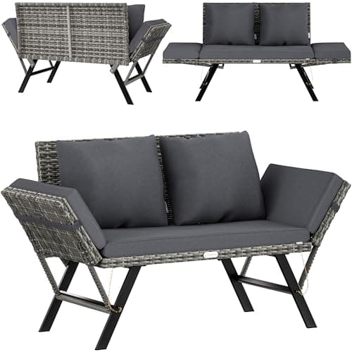 Image of Casaria Garden Bench Polyrattan with Reclining Function, Weatherproof Cushion, Adjustable Armrests, 3-Seater, Outdoor, Garden, Patio, Balcony, Sofa, Couch, Lounger