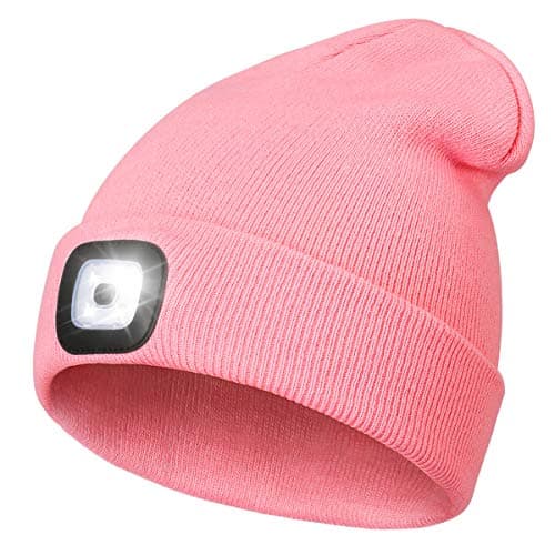 Image of Rechargeable LED Lighted Beanie, Perfect Dad Gifts in Christmas, Stocking Fillers Cap with Light Hands Free Head Torch Unisex Winter Warm Knit Beanie Pink