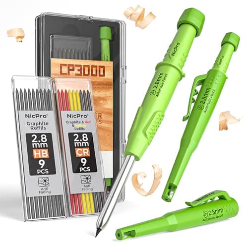 Image of Nicpro CP3000 Carpenter Pencil with Sharpener, Mechanical Pencils Set with 19 Refills, Deep Hole Marker for Construction, Heavy Duty Woodworking Pencils, Carpenter Tools for Architect Marking (Green)