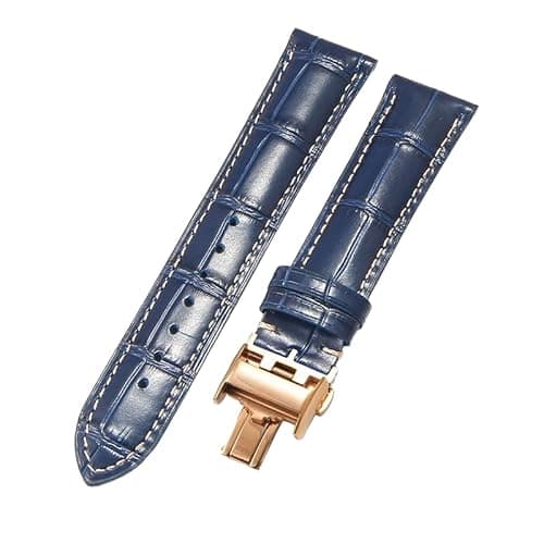 Image of ROUHO Premium Genuine Leather Watch Strap Replacement Watch Band with Quick Release Deployment Clasp for Longines La Grande Classique Master Elegant Heritage-Blue + Rose Gold Buckle 19mm