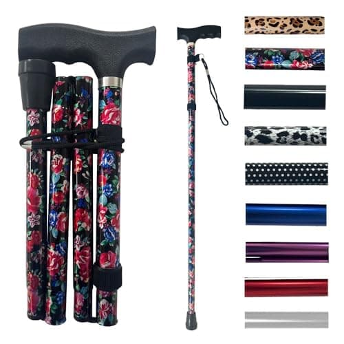 Image of Life Folding Walking Stick for Women & Men – Lightweight Adjustable Aluminium Cane (84–94cm) with Ergonomic Handle, Wrist Strap & Non-Slip Rubber Tip – Travel Foldable Mobility Aid (Black Floral)