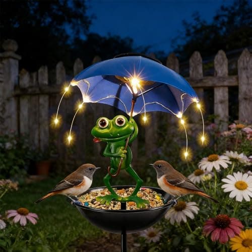 Image of SGZIOO Solar Bird Feeder, Frog Garden Ornaments, Standing Bird Feeders With Light, Garden Bird Feeders, Attracting Wild Birds, Gift Ideas for Solar Lights Outdoor Garden Ornaments