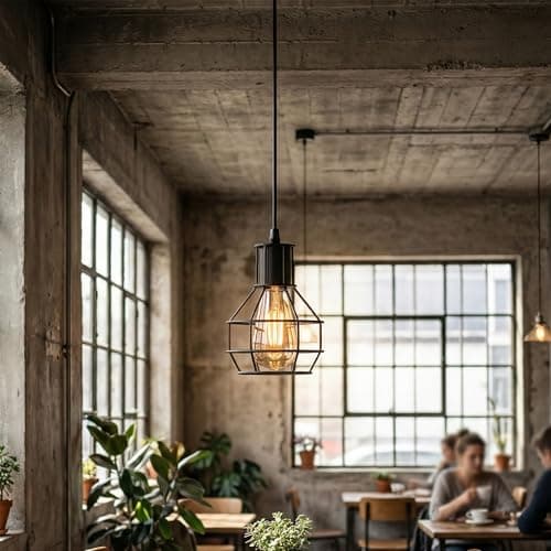 Image of LEDSone Wire Cage Pendant Light with Bulb, Adjustable Hanging Cable 90cm, Black Metal Basket Ceiling Hanging Lamp E27, Industrial Lantern Style Light for Kitchen, Dining Room, Loft Indoor Use