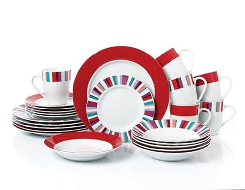 Image of Waterside - 24pc Red Mix & Match Porcelain Dinner Set; 6 Dinner Plates, Side Plates, Soup Bowls and Mugs - Dishwasher & Microwave Safe