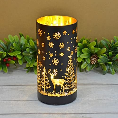 Image of Mr Crimbo 20cm Christmas Cylinder Lamp LED Light Etched Glass Tube Black Silver - Tree Scene