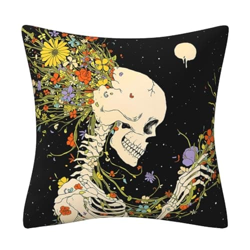 Image of DILOXNSU Skeleton Cushion Covers 18 x 18 inch, Skull Flower Gothic Cushions Covers Double-Sided Decorative Pillows Covers for Sofa Bed Livingroom Halloween Decorations Pillow Case 45 x 45 cm