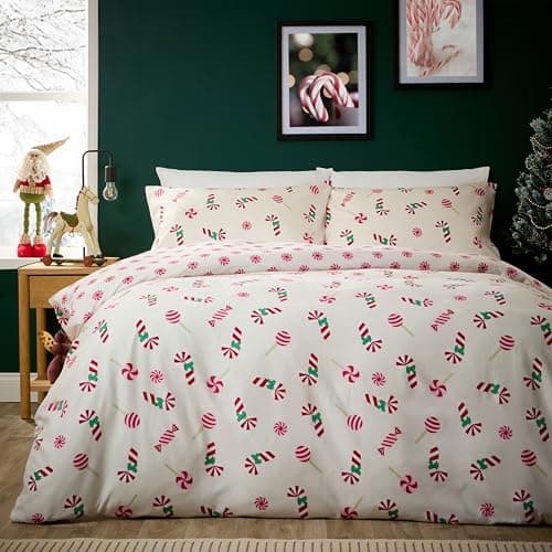 Image of Olivia Rocco Christmas Duvet Cover Set Festive Bedding Quilt Cover Xmas with Pillowcases Reversible Design Easy Care Bed Linen Sets, Candy Cane Sweets Multi, King