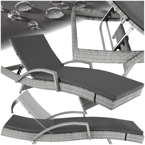 Image of tectake® Rattan Sun Lounger with 5-Position Adjustable Backrest, Weather-Resistant Garden Daybed with Aluminium Frame & Quick Assembly, Soft Sun Lounger Cushion with Removable Cover - Light Grey