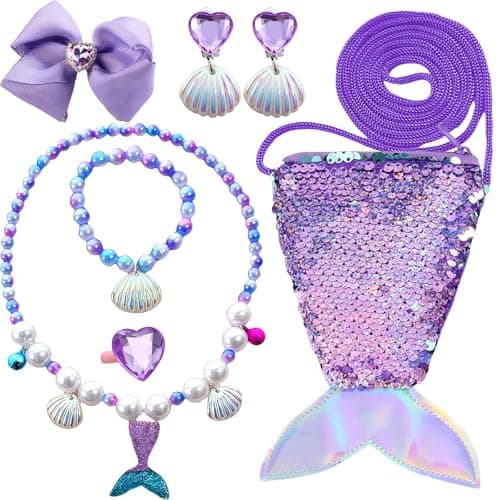 Image of GWAWG Mermaid Bag Jewellery Gift Set: 7 PCS Princess Necklace, Bracelet, Rings, Earrings, Bow & Crossbody Bag for Little Girl Dress Up Party