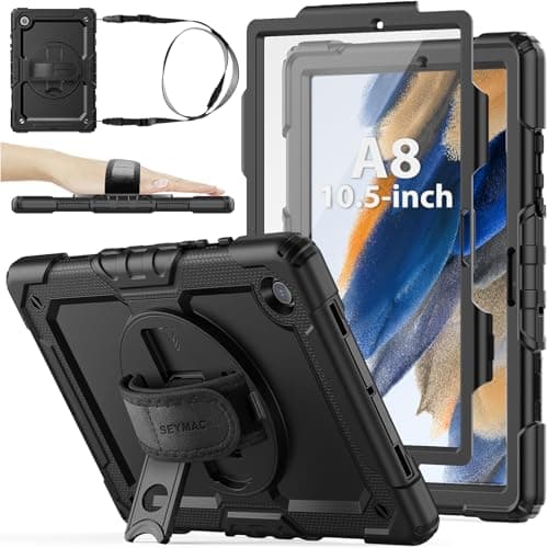 Image of SEYMAC stock Case for Samsung Galaxy Tab A8 10.5 Inch 2022, Full Body Shockproof with Screen Protector, 360° Rotating Stand/Hand Strap for Samsung A8 Tablet Case, Black