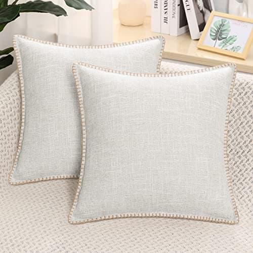 Image of decorUhome Set of 2 Linen Cushion Covers 45X45cm,Decorative Outdoor Plain Vintage Cushion Covers with Stitched Edges, Square Farmhouse Neutral Pillow case 18x18 Inch for Sofa, Beige