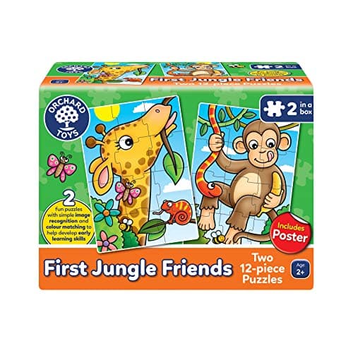 Image of Orchard Toys First Jungle Friends Jigsaw Puzzle, 12-Piece Jigsaws, Two Puzzles in a Box, Perfect For Kids Ages 2+, Develops Hand-Eye Coordination