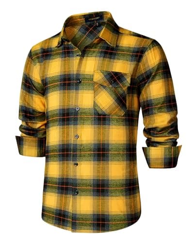 Image of HISDERN Men's Checked Shirts Long Sleeve Cotton Flannel Shirt Button Down Plaid Lumberjack with Pocket Regular Fit Yellow XL