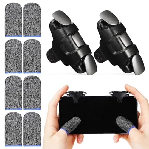 Image of Kisangel Mobile Game Controller Triggers Set with Ergonomic Black and Silver Fiber Finger Sleeves, Anti-sweat Gaming Gloves for Smartphone Touchscreen Gameplay Random Color