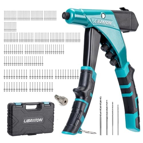 Image of LIBRATON Professional Heavy Duty Rivet Gun, One-Handed Pop Rivet Gun Set, Robust Riveter with Shaft Container, Manual Riveting Tool, Tool-Free Interchangeable Heads, for Metal, Wood and Plastic