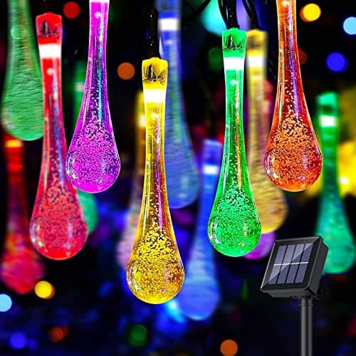 Image of 20 LED Multi Color Solar Garden String Lights Outdoor, 4.8M Waterproof Crystal Raindrop Drop String Fairy Lights, Festival Decorative Lighting for Terrace Patio Yard Party Gazebo (Multi-Coloured)