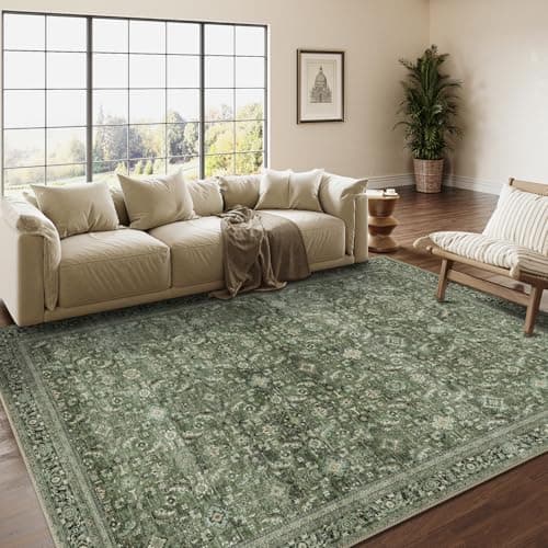 Image of HUGEAR Vintage Rugs Living Room Green Large Area Rug 160x230cm Non Slip Washable Hall Lounge Bedroom Kitchen Office Dining Room Indoor Carpet Low Pile Big Carpets