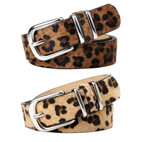 Image of GYTFOG Leopard Print Belt Set, Women's Fashion Double Ring Buckle Belts in Tan and Beige Animal Print, Adjustable Waist Strap for Jeans and Dresses