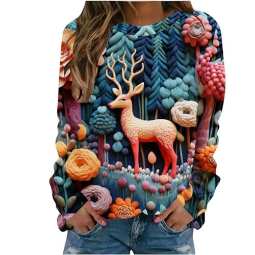 Image of AnnSemo Christmas Sweatshirts for Women Long Sleeve Shirts Casual Pullover Loose Christmas Tree Print Sweatshirt Tunic Tops for Work Officce UK Size S-5XL XQM 3