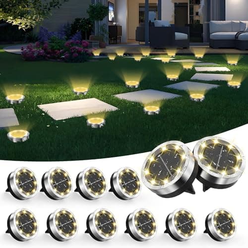 Image of Dankeled Solar Lights Outdoor Garden, 12 Pack 8 LED Solar Ground Lights Warm White, IP65 Waterproof Ground Disk Lighting, Garden Solar Floor Light for Pathway Lawn Yard Patio Landscape Walkway