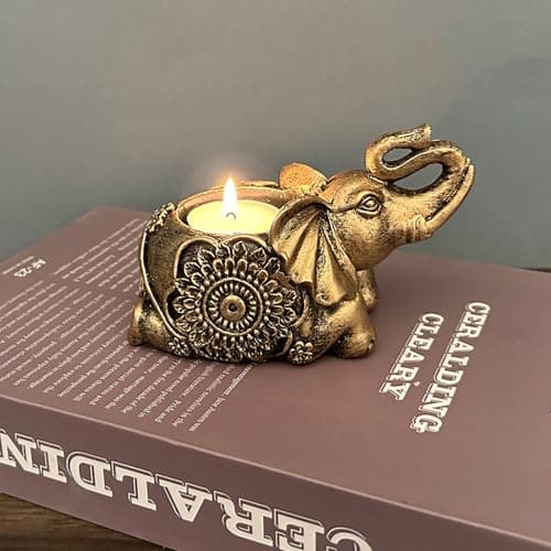 Image of Hosoncovy Resin Elephant Tea Light Candle Holder Candlestick Holder Tealight Candle Holder Tea Light Candle Stand Decorative Small Candlestick Holders for Home Decor (Gold A)