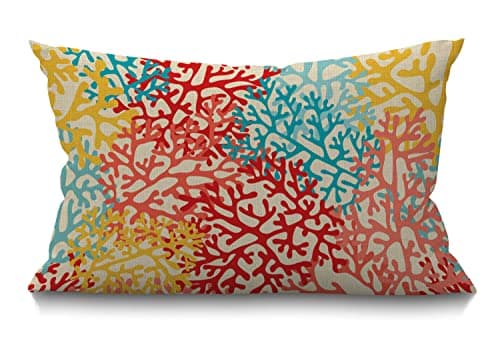 Image of BGBDEIA Cushion Covers Corals Colorful Artwork Light Blue Orange Red Blue Cotton Linen Throw Lumbar Pillow Case Throw Pillow Cover Home Office Decorative Rectangle 12 X 20 Inches 30 x 50 cm