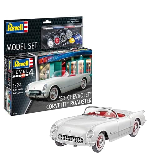 Image of Revell Model Set 67718 '53 Chevrolet® Corvette® Roadster 1:24 Scale Unbuilt/Unpainted Plastic Model Kit with Contacta Professional Glue, Paintbrush & Selected Aqua Color Paints