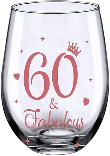 Image of JUWNMANT 60th Birthday Gifts, Men and Women Cheers Wine Glasses, 60th Birthday Party Wedding Anniversary Decor Gift, 17oz Stemless (60 and Fabulous)