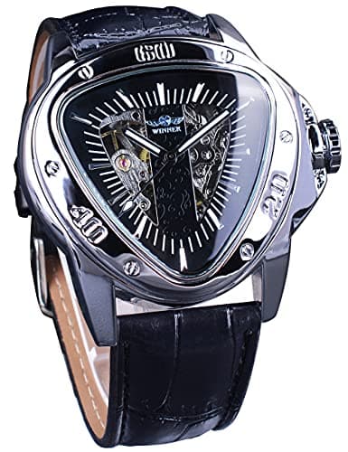 Image of FORSINING Men's Watch Fashion Mechanical Wrist Watch Triangle Racing Dial, Waterproof Golden Skeleton Dial Automatic Movement Leather Design Mechanical Watch for Men (Silver)