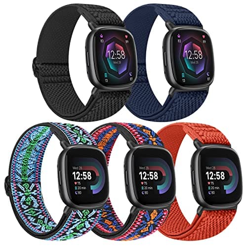 Image of Tiptops 5 Pack Straps Compatible for Fitbit Versa 4/Fitbit Sense 2 Straps/Fitbit Versa 3/Fitbit Sense Bands Men Women, Adjustable Comfortable Loop Nylon Sports Replacement Stretchy Bands