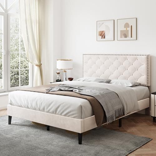 Image of BTM Upholstered Double Bed - 4FT6-135x190cm With Adjustable Headboard, Solid Wood Slat and Mute Foam, Beige Velvet Frame (No Mattress)