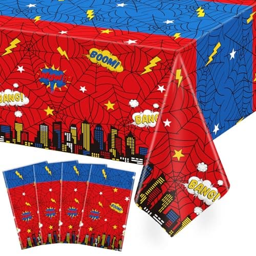 Image of TCYIQ 4Pcs Spider Web Themed Birthday Party Tablecloths Red Blue Cartoon Plastic Table Cover City Web Theme Table Cloth for Baby Shower Kids Boys Birthday Party Supplies 86X51inches
