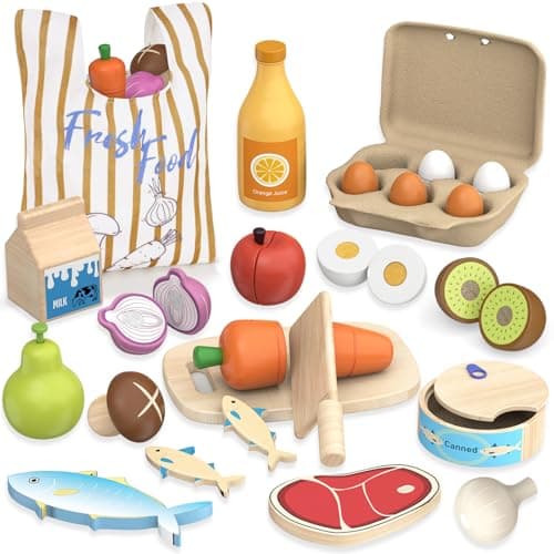 Image of Wooden Play Food Toys for Kids - Pretend Play Kitchen Accessories for Toddlers, Cutting Food Toys for 3+ Year Old, Wooden Fruits and Vegetable Birthday Gifts for Boys Girls