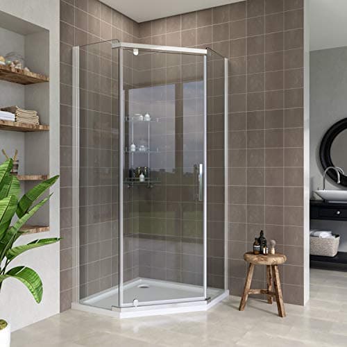 Image of ELEGANT 900x900mm Semi-Frameless Pivot Pentagonal Shower Enclosure with Tray 8mm Tempered Glass Corner Shower Cubicle Door with Tray and Waste