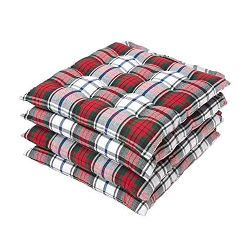 Image of HOMESCAPES Red and Green Tartan Seat Pad Cushion for Dining Chairs Set of 4 100% Cotton Chair Pad with Straps 40 x 40 cm