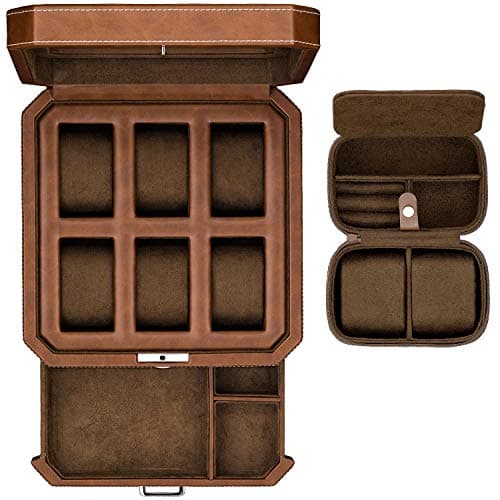Image of ROTHWELL Gift Set 6 Slot Leather Watch Box and 2 Watch Travel Case - Luxury Watch Case Organizer, Microsuede Liner, Locking Mens Jewelry Watches Holder, Storage Boxes Glass Top (Tan/Brown Gift Set)