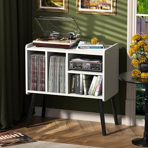 Image of UODERS Record Player Table, Mid-Century Record Player Stand with Vinyl Storage Hold Up to 150+ Albums, Vinyl Record Cabinet with Adjustable Shelves, Wood Turntable Stand for Music Living Room (White)