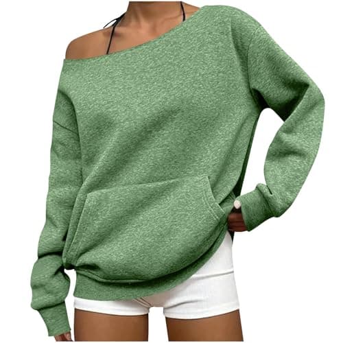 Image of NSICBMNO Green Off Shoulder Tops For Women Long Sleeve Jumpers Oversized Sweatshirts With Front Pocket Ladies Batwing Jumpers Thermal Tops Baggy Sweatshirt Casual Loose Pullover Y2K Plain Shirts S