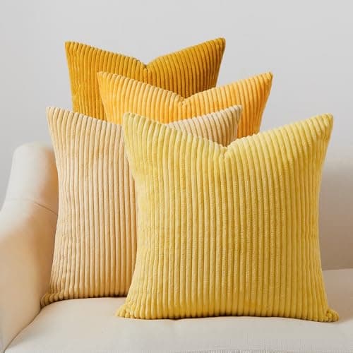 Image of Topfinel Cushion Covers 40cm x 40cm Sofa Bed Colorful Yellow Cushion Covers Mustard Corduroy Scatter Decorative Cushions For Bedroom Set of 4 fluffy Cushion Cover 16x16
