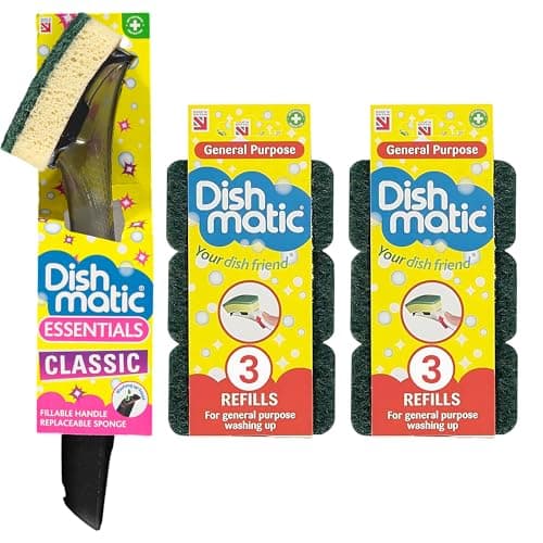 Image of Dish Matic Refill Washing Up Sponges Soap Dispensing Magic Handle with 6 x Heavy Duty Green General-Purpose Washing-Up Sponge Refill Head for Kitchen Sink and Bathroom