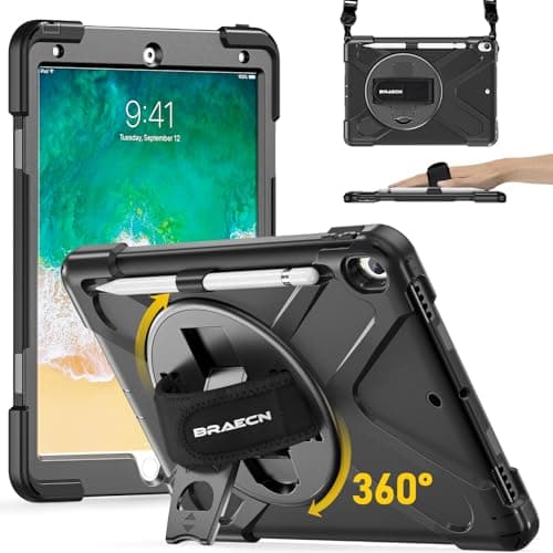 Image of BRAECN Case for iPad Air 3rd Generation 2019, iPad Pro 10.5 inch Case, Heavy Duty Shockproof Rugged with Pencil Holder, 360° Rotating Stand & Hand Strap, Shoulder Strap for iPad Air 2019 - Black