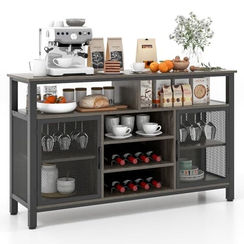 Image of COSTWAY Kitchen Buffet Sideboard, 2-Door Wine Storage Cabinet with Wine Racks, Glass Holders & Shelves, Wooden Server Cupboard for Dining Living Room (Gray+Black)