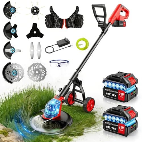 Image of Lacoco Cordless Grass Trimmer Battery Strimmer with Wheels 12" Cut Width 2x3.0Ah Battery Grass Cutter 4-in-1 Blades Weed Trimmer Brush Cutter Garden Strimmer for Lawn Yard Weed Bush