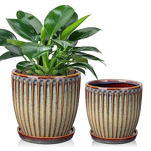 Image of Oairse Set of 2 Ceramic Plant Pots 13CM 15CM Brown Ceramic Planter with Drainage Holes and Saucers Decorative Stripe Plant Pots Indoor Modern Flower Pots for Succulent Cactus Orchid House Plants