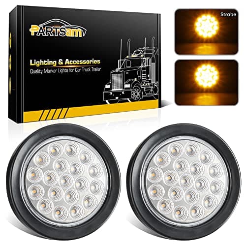 Image of Partsam 2x 4 Inch Round Amber Strobe Lights 19 Diodes LED w/ Rubber Grommet 3-Prong Wire Pigtails Amber 4 Inch Round Led Trailer Truck Tail Lights Amber Indicator 12V Clear Lens