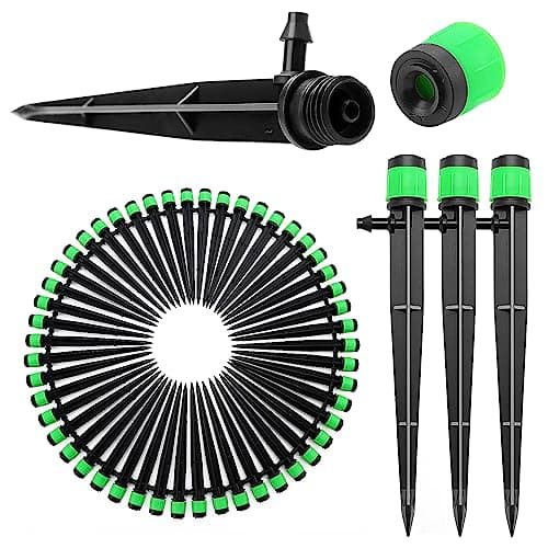 Image of VooGenzek 50 PCS 360 Degree Adjustable Irrigation Dripper Sprinkler, Micro Stake Emitter Dripper with Barbed Connector for 4/7 mm Garden Hose Irrigation System, Water Flow Stake Emitter, Green