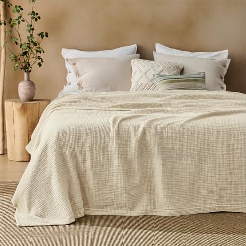 Image of Bedsure 100% Cotton Muslin Bed Throw - Soft Cozy Muslin Gauze Summer Cooling King Size Large Blanket, 4-Layer Breathable and Lightweight Throws for Sofas Couch Decor, Beige, 270x230 cm