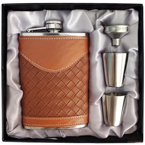 Image of LHD HOME Hip Flasks for Men 8oz Leather Flask Gift Set,304 Stainless Steel Flask Set w/Funnel Shot Glasses Lovely Gift for Whiskey Rum Groomsman Best Man Usher Wedding Camping-Leather Stripe Brown 8oz