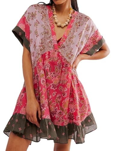 Image of Acrawnni Women Summer Bohemian Floral Mini Dress Boho Floral Print Short Sleeve V-Neck Flowy Dress Babydoll Short Beach Dress with Pockets (A-Red, L)